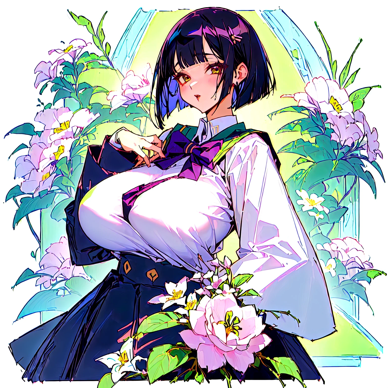(((vulgarity,,Kobeya Uniform)))kobeya,big breasts, huge breasts, gigantic breasts,Black bob cut, a a cartoon girl carrying around a huge balloon by the flowers, 1girl, breasts, solo, gigantic breasts, black hair, flower, shirt, bow, bangs, looking at viewer, bowtie