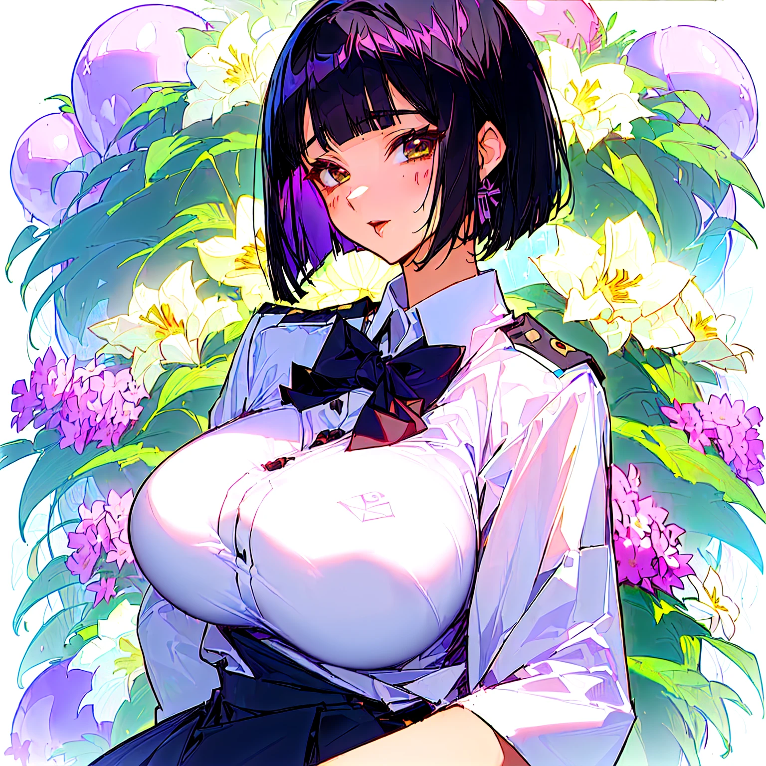 (((vulgarity,,Kobeya Uniform)))kobeya,big breasts, huge breasts, gigantic breasts,Black bob cut, a a cartoon girl carrying around a huge balloon by the flowers, 1girl, breasts, solo, gigantic breasts, black hair, flower, shirt, bow, bangs, looking at viewer, bowtie