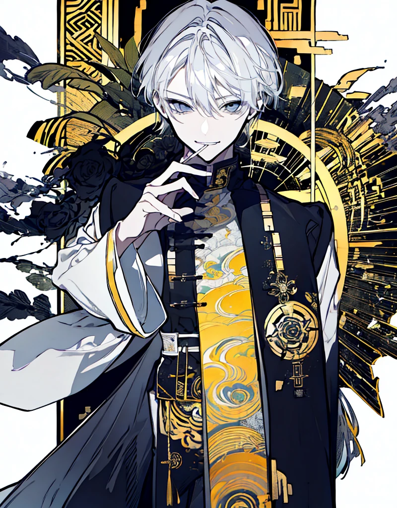 High resolution male Character portrait whole body White background Close ~ eyes Suspicious Laughter Lift the corners of your mouth tall Silver Hair Yellow Eyes Chinese style black clothes sunglasses smile Putting a cigarette in your mouth Double teeth Grinning face