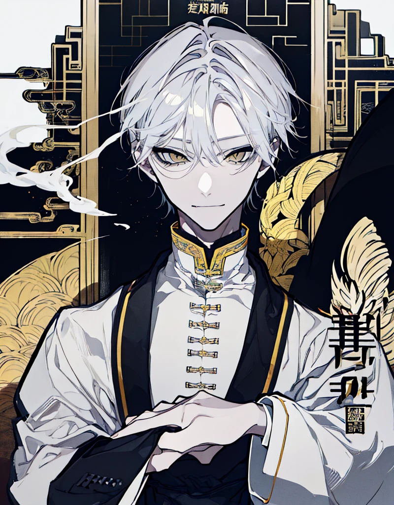 High resolution male Character portrait whole body White background Close ~ eyes Suspicious Laughter Lift the corners of your mouth tall Silver Hair Yellow Eyes Chinese style black clothes sunglasses smile Putting a cigarette in your mouth Double teeth Grinning face
