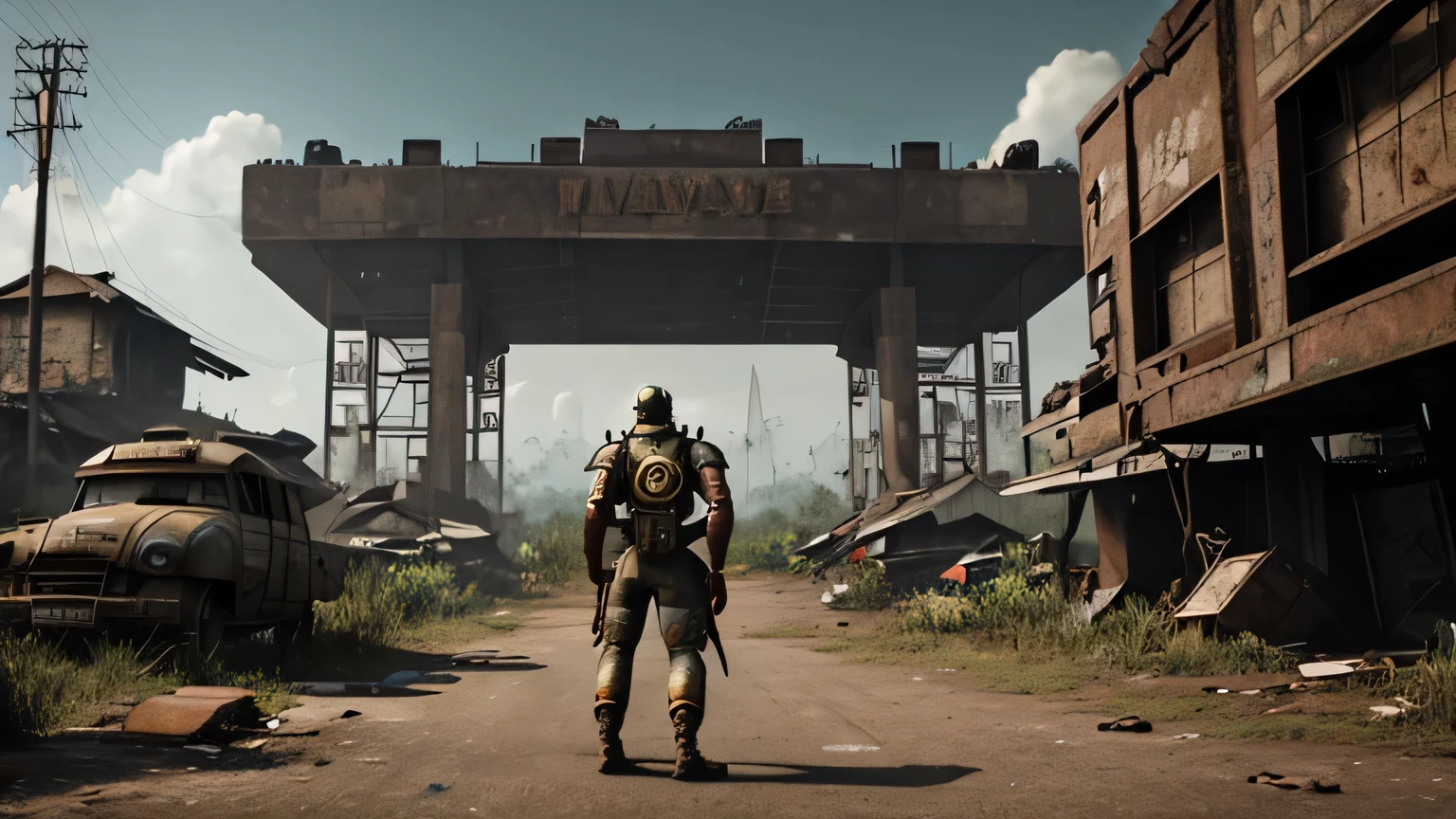 fallout, indonesia theme, post-apocalyptic, jakarta, nation, identic, vernacular, authentic, realistic, indonesia, fallout 4 style, fallout amazon prime tv series, dystopian, city urban,, old, vintage, village, nuclear, vault, big power armor showing to camera