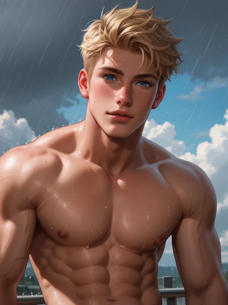 8k,score_9,score_8_up,score_7_up, yaoi, 1boys,gay, detailed, very short hair, blonde hair, freckles, blue eyes, freckles, freckles on body, muscle wide shoulders, muscle pecs, abs, vascular biceps and triceps,flanel shirt, cute, blondlust, boyish face, cute face,above perspective, looking at viewer, rain, cloudy sky, rain street