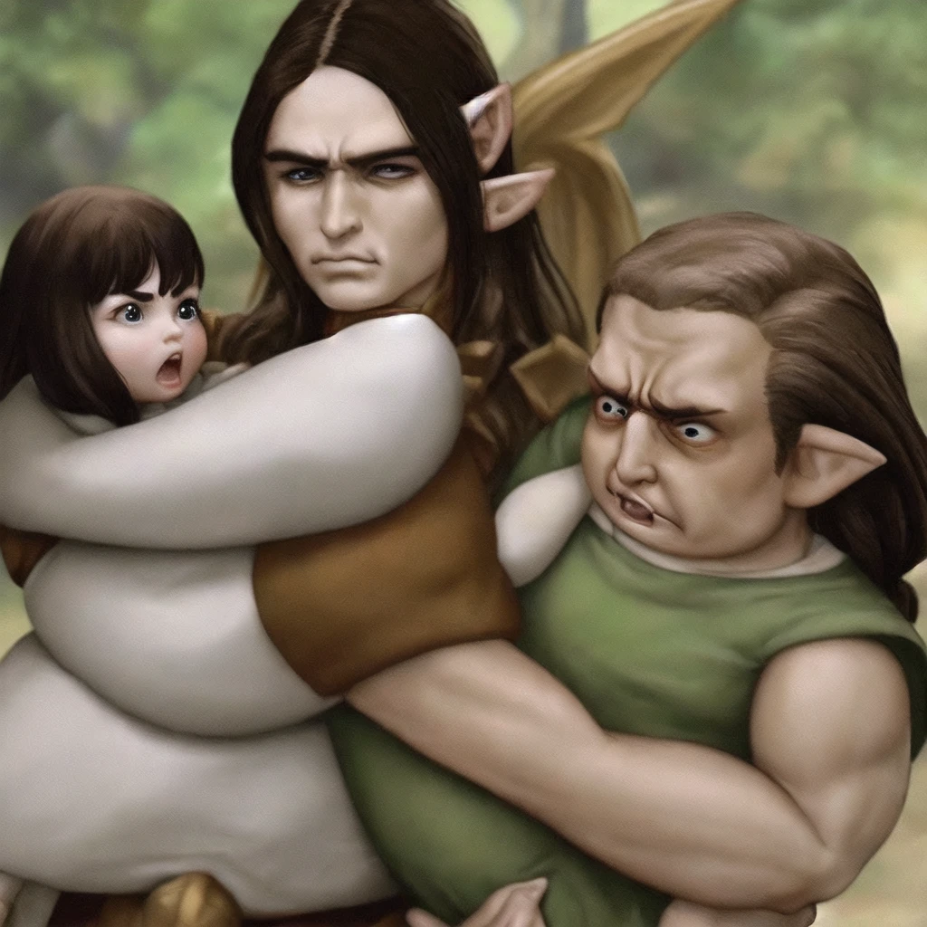 A white woman with brown hair holding an elf baby in her arms and in front of an angry elf man with black hair.