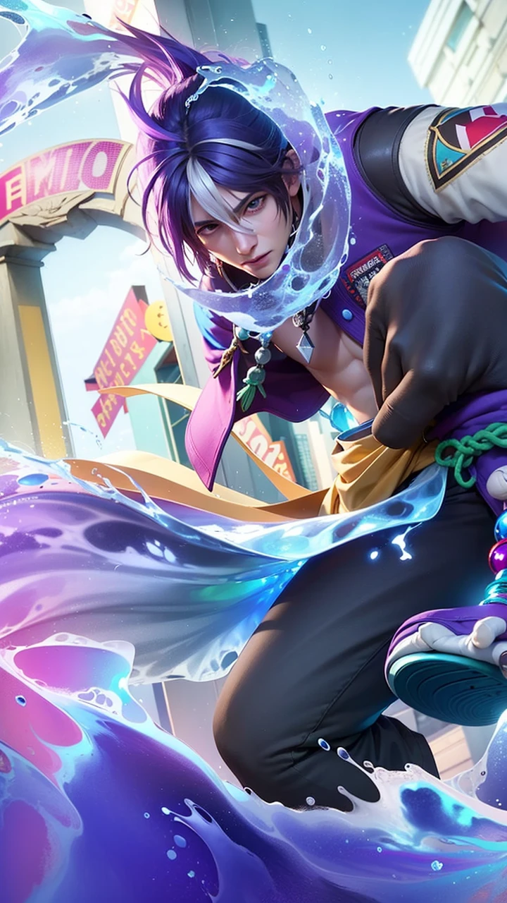 This is a picture of a character in a fighting game. The character is a handsome man wearing blue and purple clothes and is making movements in the air.