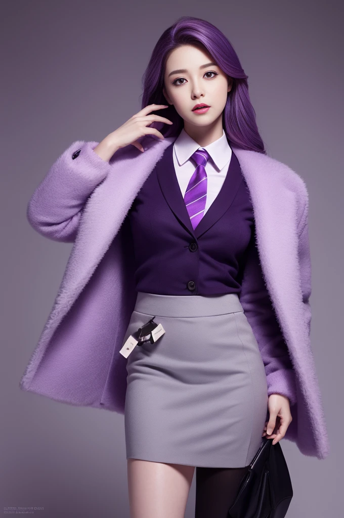 Reality, high resolution, 1 female, Hips up, beautiful eyes, purple gradient hair, Dark circles under eyes, Collared shirt,tie,Purple skirt, Pencil Skirt, Fur coat