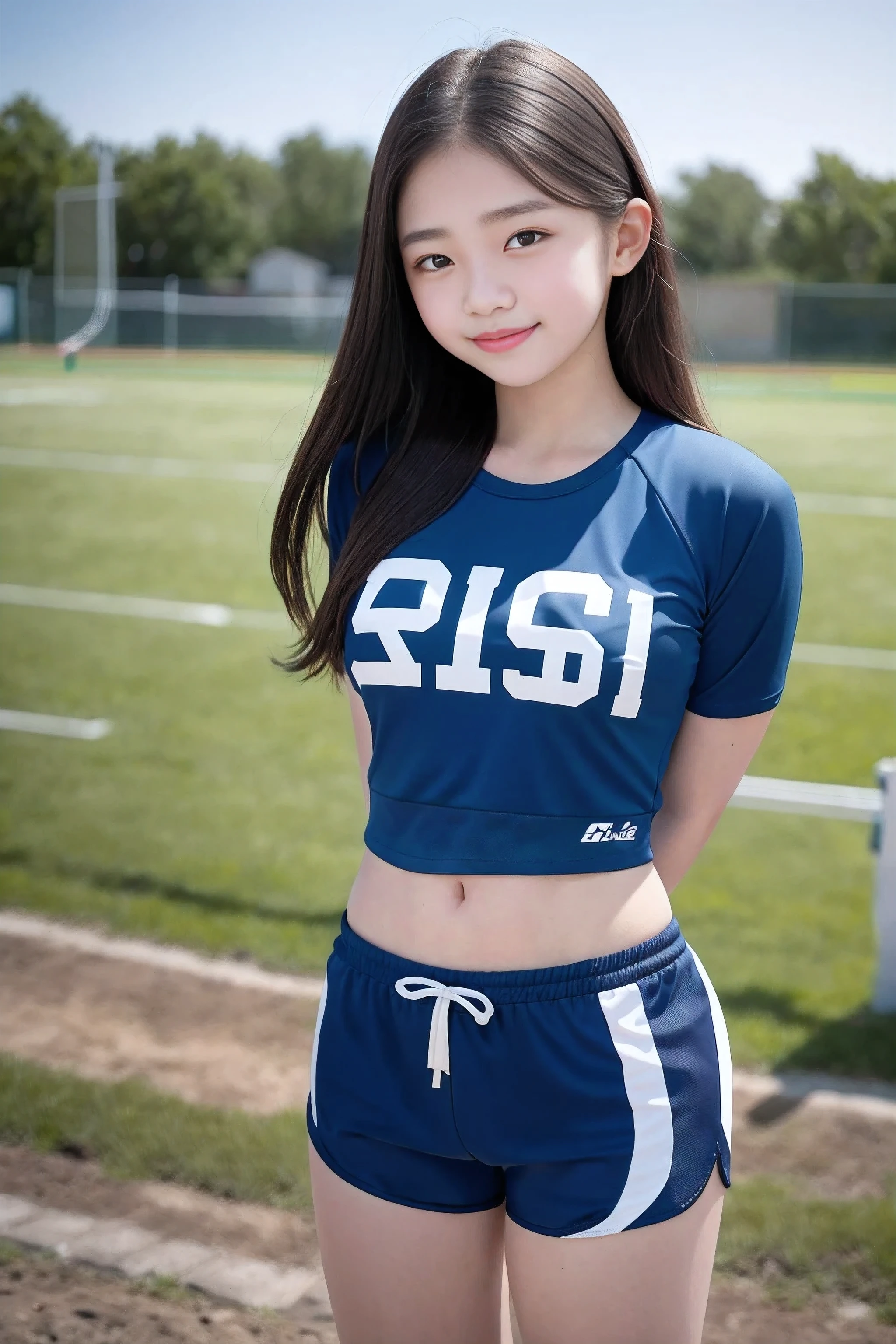 (8x_NMKD-Superscale_150000_G, 8k, best quality, high resolution, masterpiece), ((simple background)), (cowboy shot), (((Standing, arms behind back))), (1girl, 18 years old, smile), ((((t-shirt, sports shorts))))