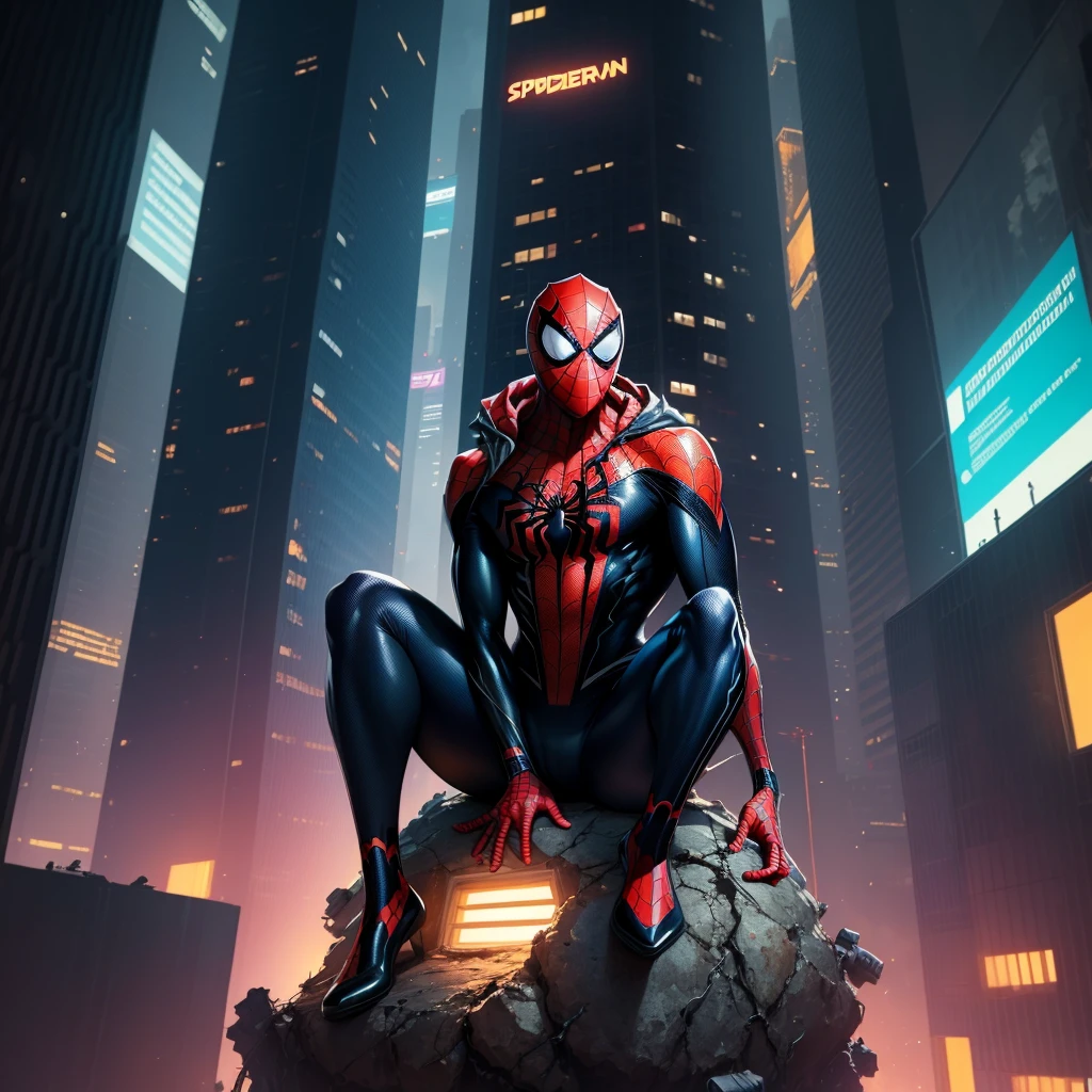 ((best quality)), ((masterpiece)), (detailed), "spiderverse" style spiderman with black suit sitting on top of a tall building in a cyberpunk style futuristic city at night. the image should capture the loneliness of spiderman.