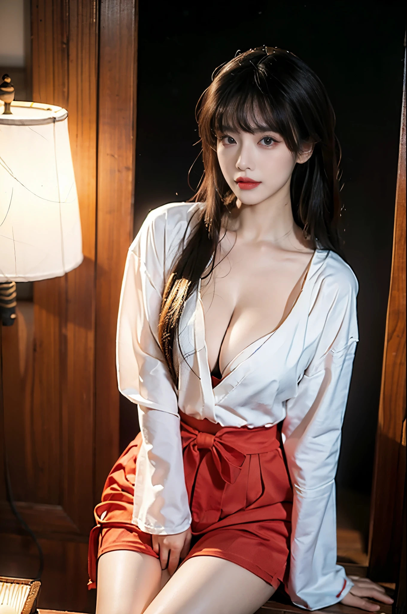 Kikyo,miko,kimono, red hakama,wide sleeves, long sleeves, ribbon-trimmed sleeves, ((Full breasts)), ((Visible cleavage)), ((Sexy legs)), ((cowboy shot)), ((I-type Valley)), ((E-cup)),Practical, Fashion Girl, Red lips, Mature women, Exquisite makeup, big eyes, beautiful, (best quality, masterpiece:1.2), Extremely detailed, (Practical:1.37), ((Random Scenes, Random shooting angle)), ((Sexy long legs)), Young and energetic, Charming model, (Exquisite eyes, Delicate lips), Show a bright smile, Create stunning girl images, warm color, Extremely saturated colors, Official Art, Extremely detailed的 CG, Unity 8K wallpaper, (High Dynamic Range :1.4), (Movie atmosphere),(Soft colors), (Natural skin texture, ultra-Practical, Soft Light, sharp),(Very detailed), night, moonlight