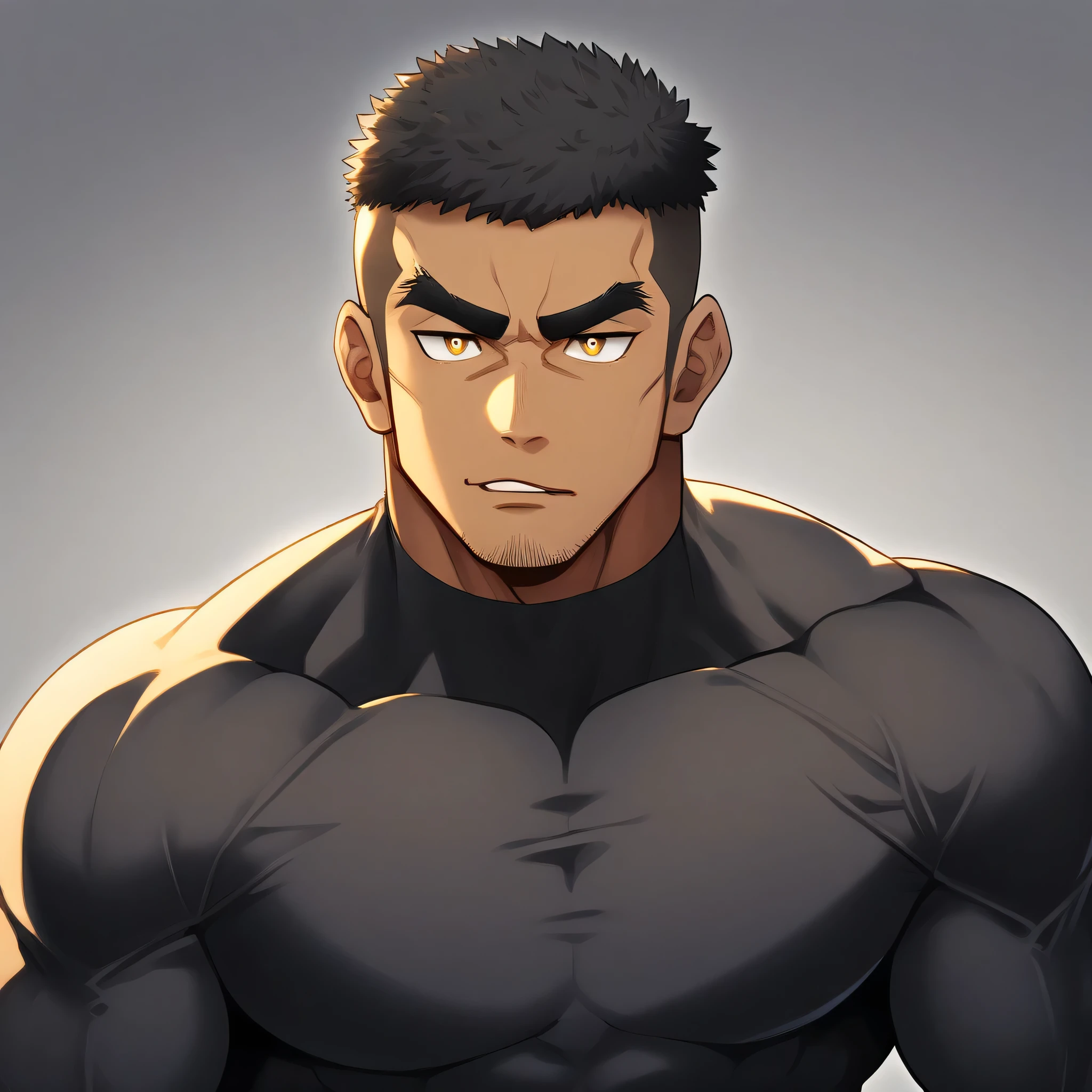 anime characters:Tights superhero, Muscle superhero, negro black skin, 1 dark skin muscular tough guy, Manliness, male focus, Yellow and black striped high collar long sleeve tight T-shirt, Slightly transparent material, Very tight, Round, full and perky chest muscles, Slightly transparent, muscular male, muscular, only, Upper body, alone, Black short hair, Thick eyebrows, stubble, Yellow eyes, Grey background, simple background, amazing quality, best aesthetics, Ridiculous, bright pupils, crew cut, parted lips, seductive smile, torogao, naughty face, drop shadow, best quality