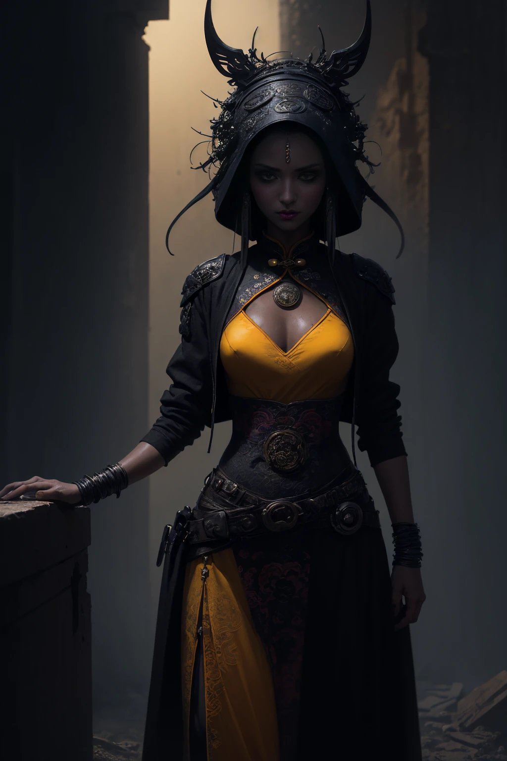 ((plano general, body completo:1.4)), ((pay attention beautiful woman wearing a cheongsam:1.6, colores aOrangedo, vegetables, yellows ,Beautiful ornaments:1.5)) , The eyes, dark and torn, ((only 1 dark and malevolent woman from the underworld evil smile, squinted eyes:1.3)), body,hermoso body musculoso, fierce expression, holding a gun, (colors in your clothes, warm, Orange, yellow, violet: 1.3), standing in a desolate field, dramatic lighting, intense shadows, sandy texture , High contrast, vibrant colors, dynamic pose, powerful posture, rough background, explosive atmosphere, dystopian theme, surreal elements, digitally painted illustration, high definition resolution, intricate details, dramatic composition, avant-garde and chaotic brushstrokes, Gothic style, intense emotions, Scale epic, raw and gritty feeling, Captivating and provocative works of art...