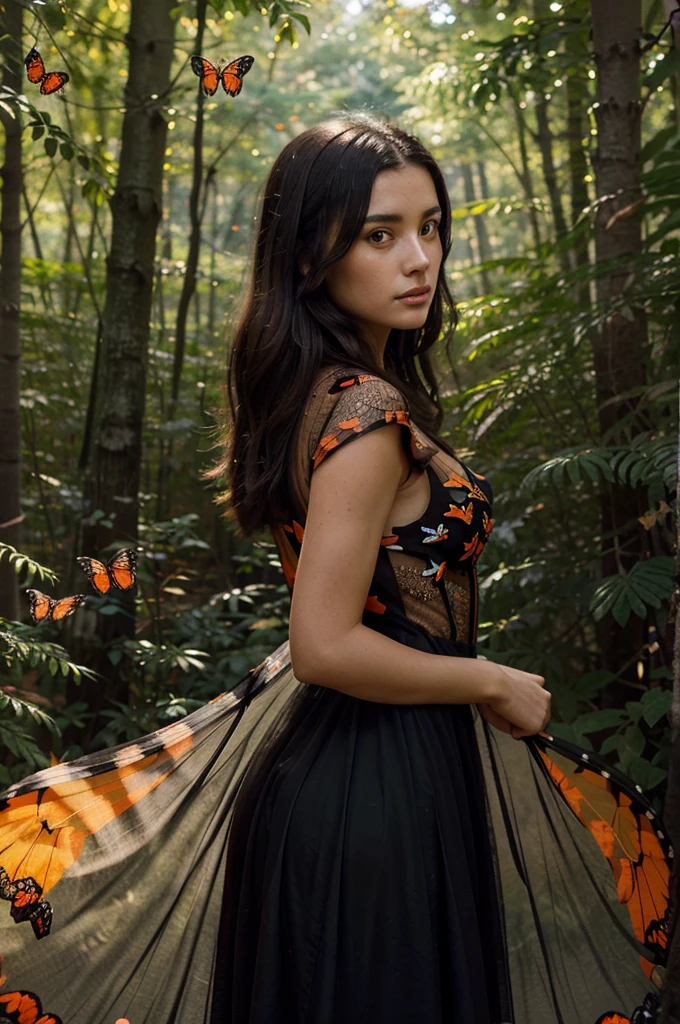Beautiful dark haired woman entirely covered in orange black and red butterflies like a second skin a gossamer dress that is almost part of her, covered in butterflies, as if they are coming out of her chest her heart, dappled sun beams through the pine fir forest, hyperdetailed, 64k resolution, Kodak resampled film grain,