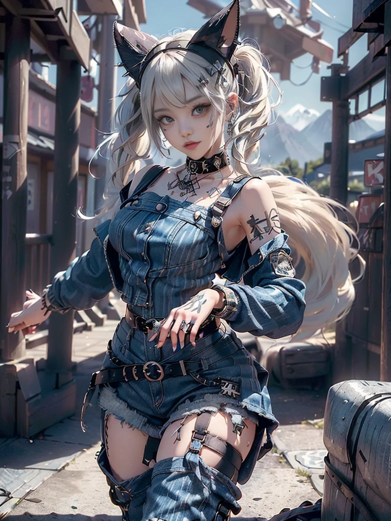 (Full Body View:1.3)、(Beautiful lips and nose:1.4)、(Long eyelashes:1.4)、(Side view:1.1)、(Smiling with teeth showing:1.3),(Shibuya Gal:1.5)、(Gothic Lolita delicately decorated dress:1.5)、(Tattered denim and black punk rock cargo pants:1.5)、(Denim and black navy skull mark small jacket:1.4)、(denim garter belt:1.5)、(Black and denim knee socks:1.3)、(Skull Silver Accessories:1.5)、(Denim collar:1.3)、(Brown Skin Belt:1.4)、(Brown boots:1.2)、(The underwear is striped:1.4)、31 years old、((Highest quality、In 8K、masterpiece:1.3))、Sharp focus:1.2、(Layered Cut、Huge boobs:1.1),Beautiful woman with perfect figure:1.4、(Dancing vigorously:1.3)、Slender Abs:1.2、Highly detailed face and skin texture、Detailed eyes、double eyelid,(Twin tails:1.3)、(Cream colored hair:1.3)、Gravure idol、(The background is a vast mountain with a clear view々Beautiful luxury resort destination in Europe:1.3)、(Slim body:1.2),(Make your legs thinner:1.4),(clavicle:1.1)