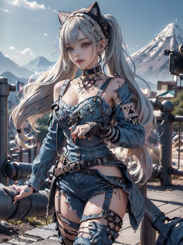 (Full Body View:1.3)、(Beautiful lips and nose:1.4)、(Long eyelashes:1.4)、(Side view:1.1)、(Smiling with teeth showing:1.3),(Shibuya Gal:1.5)、(Gothic Lolita delicately decorated dress:1.5)、(Tattered denim and black punk rock cargo pants:1.5)、(Denim and black navy skull mark small jacket:1.4)、(denim garter belt:1.5)、(Black and denim knee socks:1.3)、(Skull Silver Accessories:1.5)、(Denim collar:1.3)、(Brown Skin Belt:1.4)、(Brown boots:1.2)、(The underwear is striped:1.4)、31 years old、((Highest quality、In 8K、masterpiece:1.3))、Sharp focus:1.2、(Layered Cut、Huge boobs:1.1),Beautiful woman with perfect figure:1.4、(Dancing vigorously:1.3)、Slender Abs:1.2、Highly detailed face and skin texture、Detailed eyes、double eyelid,(Twin tails:1.3)、(Cream colored hair:1.3)、Gravure idol、(The background is a vast mountain with a clear view々Beautiful luxury resort destination in Europe:1.3)、(Slim body:1.2),(Make your legs thinner:1.4),(clavicle:1.1)