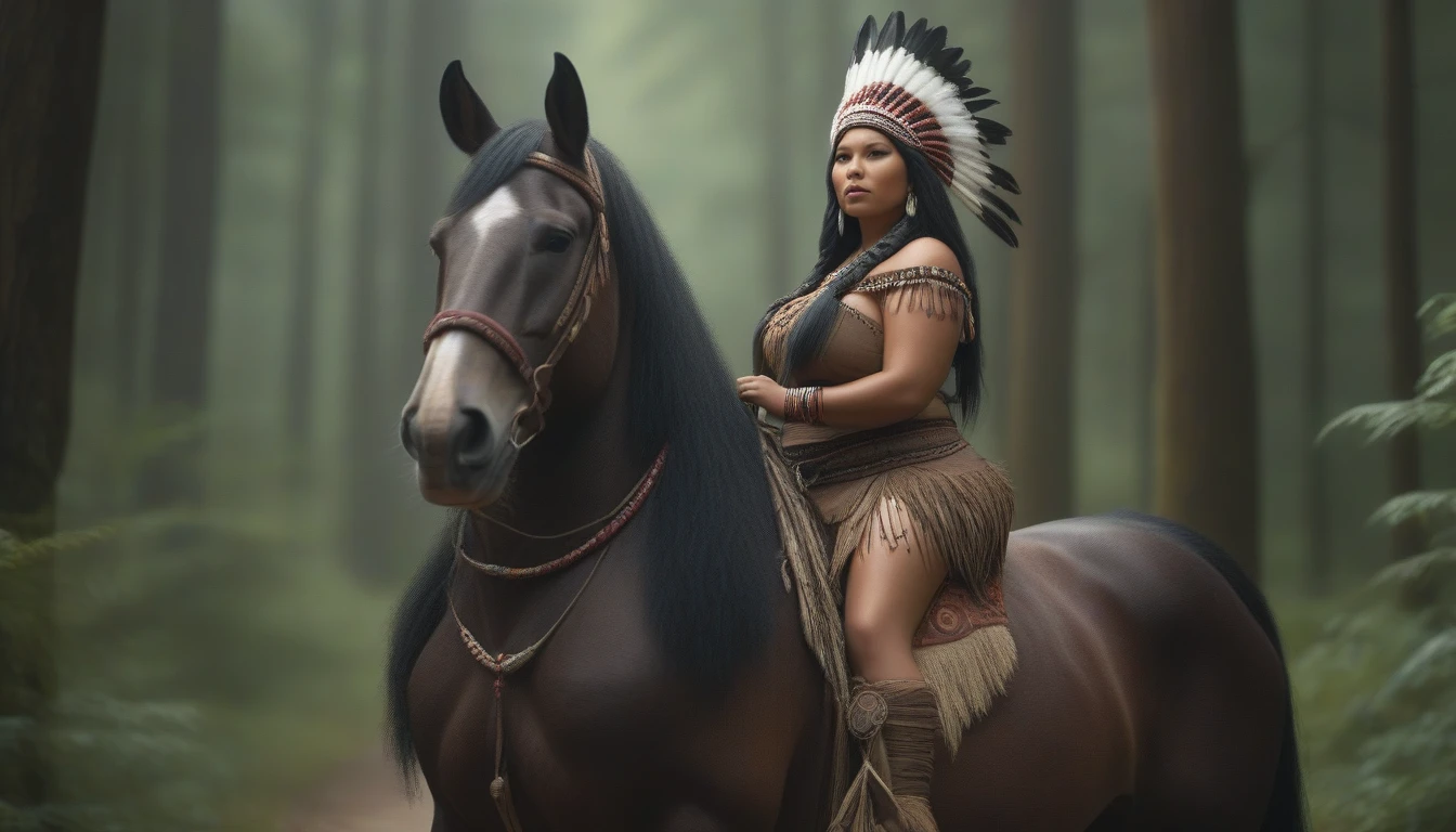 ((masterpiece)), ((best quality)), ((highres)), ((extremely detailed)), ((long shot, back view)), 1 black skinned large BBW girl as Pocahontas costume, full body, Beautiful Native American woman, mature woman, Big breast, (super realistic), (peerless beauty), detailed skin texture, detailed cloth texture, beautiful detailed face, intricate details, ultra detailed, indigenes feather jewelry, feather headdress, traditional handmade dress, (((riding on a huge fat Clydesdale horse))), (((road in the middle of the forest))), ultra realistic, concept art, elegant, ((intricate)), ((highly detailed)), depth of field, ((professionally color graded)), soft ambient lighting, midday, (Best quality, A high resolution, Photorealistic, primitive, 8K,Masterpiece, ),Best quality, Masterpiec8K.hdr, (vivd colour:1.10)