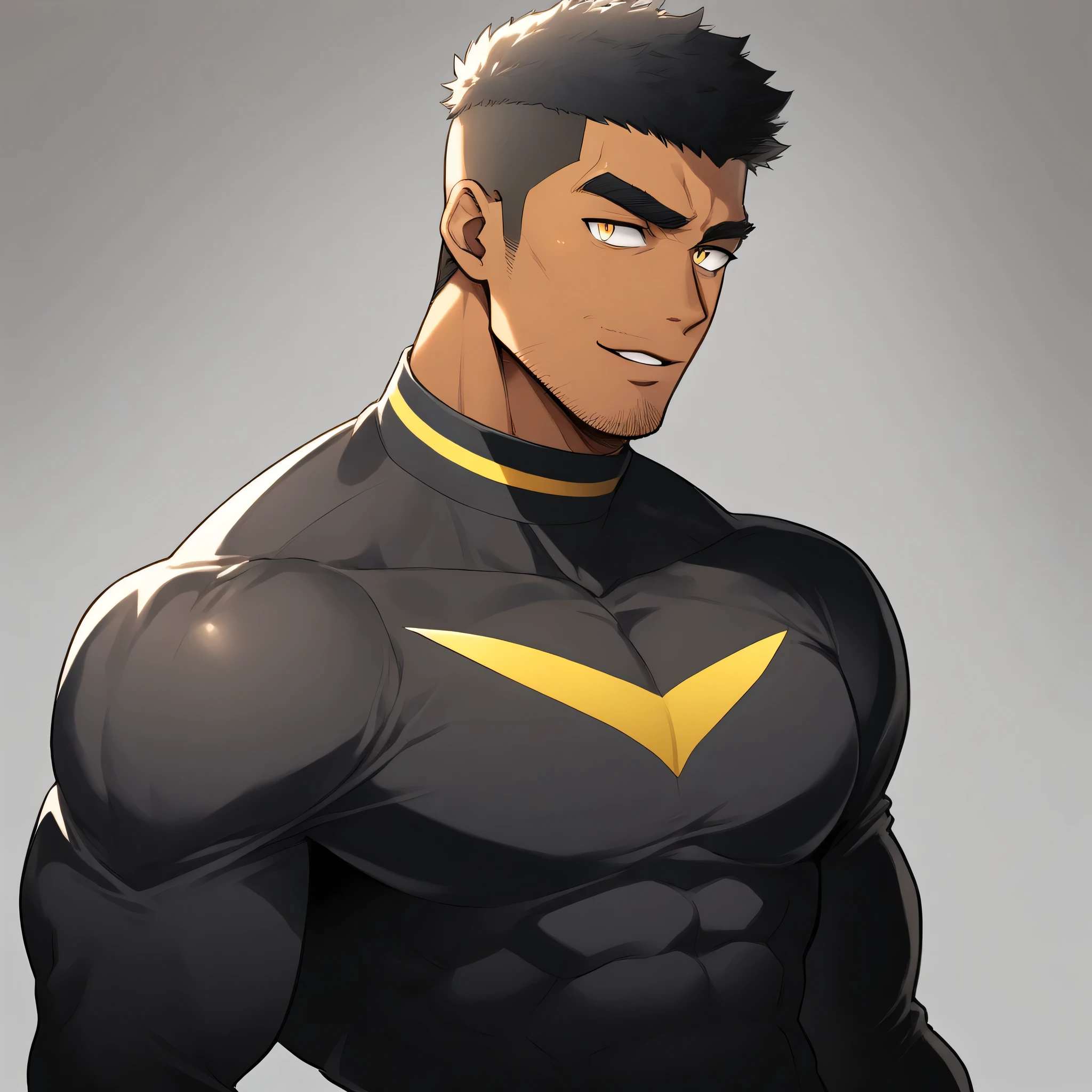 anime characters:Tights superhero, Muscle superhero, negro black skin, 1 dark skin muscular tough guy, Manliness, male focus, Yellow and black striped high collar long sleeve tight T-shirt, Slightly transparent material, Very tight, Round, full and perky chest muscles, Slightly transparent, muscular male, muscular, only, Upper body, alone, Black short hair, Thick eyebrows, stubble, Yellow eyes, Grey background, simple background, amazing quality, best aesthetics, Ridiculous, bright pupils, crew cut, parted lips, seductive smile, torogao, naughty face, drop shadow, best quality