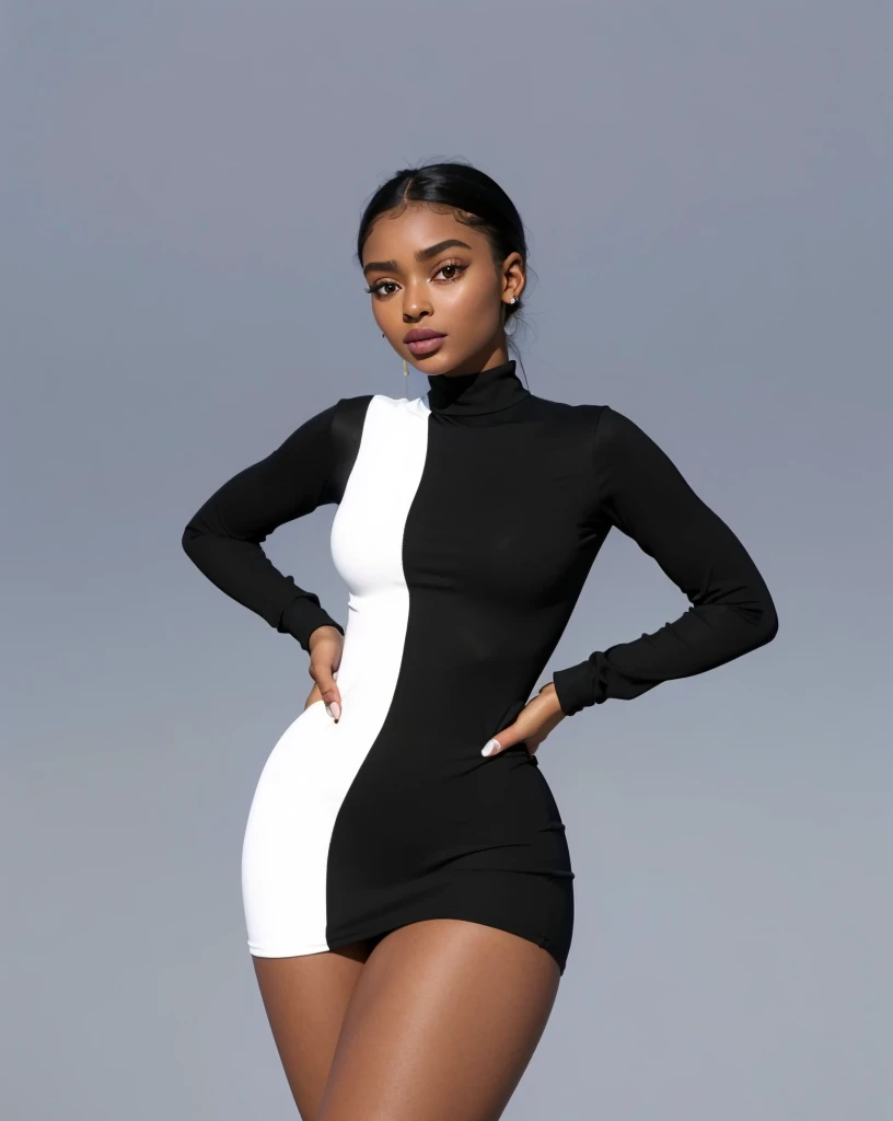 (Beautiful girl, Yara Shahidi, KIKI Layne, Kylie Jenner, Maitreyi Ramakrishnan, young Jessica Alba), Wearing tight white and black cotton-Lycra-fabric long sleeve mini dress, round breasts, slim waist, big hips, beautiful soft thighs, beautiful legs,(HDR, 8K, vivid, vibrant, detailed: 1.4), (hyper realistic, movie graphics)
