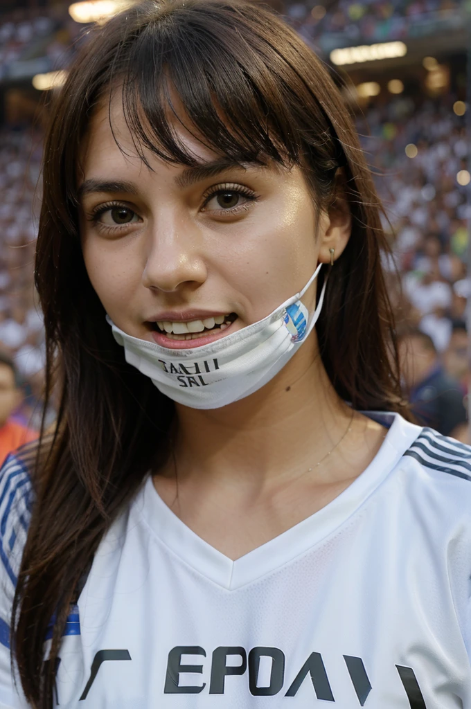 Gagged girl at Soccer football match, Real madrid vs Barcelina at camp nou, The girl using Barcelina jersey, The tape on mouth writing "2-0 winn!!! " The girl face is happy