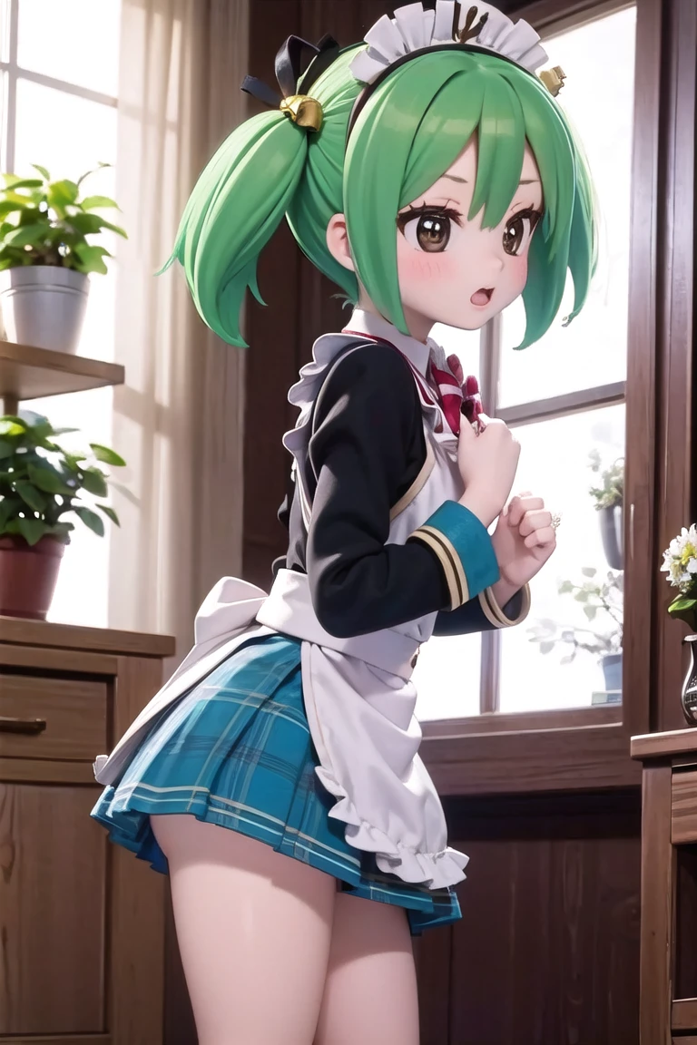 best quality, 1girl, Tamaki Kannazuki, 1tamaki, nsfw, long hair, from behind, doggystyle, blush, smile, skirt lift, cum on body, maid uniform, lift by self, upskirt