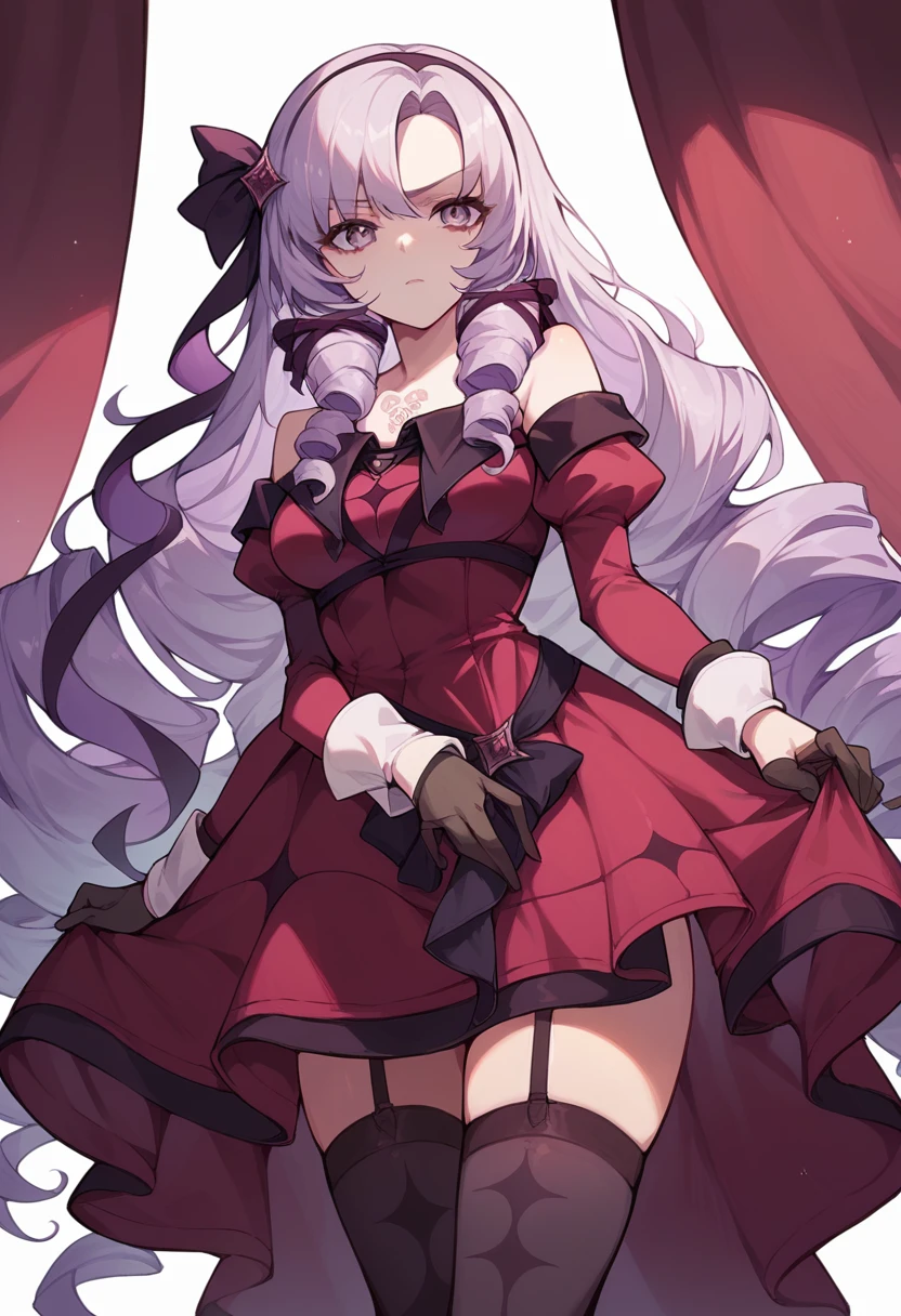 salome, hair ribbon, hairband, chest tattoo, very long hair, bare shoulders, gloves, black gloves, dress, long sleeves, garter straps, thighhighs, black thighhighs, skirt lift, bottomless