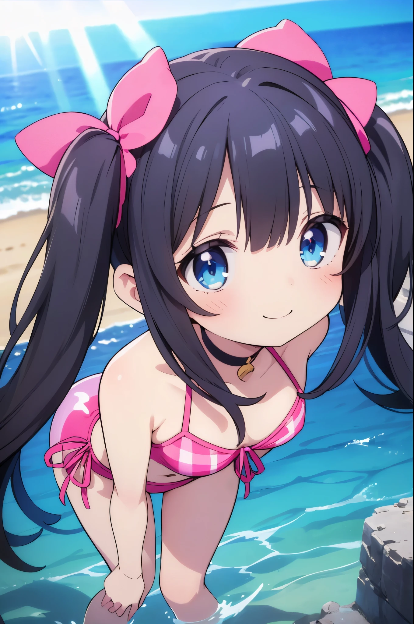 Beachでビキニとライフリングを身に着けた女性 (masterpiece, Highest quality, Highest quality, Official Art, beautifully、aesthetic:1.2), (One girl, cute, Short body:1.3), Very detailed, colorful, Most detailed ((Super detailed)), (Highly detailed CG illustrations), ((Very delicate and beautiful)),(8K Photo Quality, 究極のShine肌, Detailed skin, Ultimate detailed face),Outdoor, Beach, Ocean, Black Hair, Super long twin tails, Are standing, blue eyes, Tight waist, Small breasts, Ribbon choker,((Particles of light, Lens flare, Depth of written boundary, Shine, Bokeh, 斑点模様のDay光, Day), Front tie bikini top, Checkered swimsuit, Side tie bikini bottom, smile),break, (Has a pink inner tube:1.2), Focus Only, View your viewers,