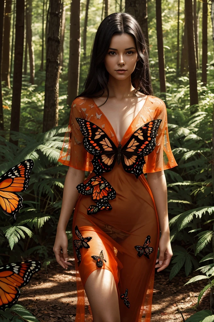 Beautiful dark-haired woman entirely covered in orange, black and red butterflies like a second skin, a transparent dress that is almost part of her, covered in butterflies, as if they were coming out of her chest, her heart, rays of sunlight dappled through the forest of pine trees, hyperdetailed, Resolution K, Kodak resamples film grain,