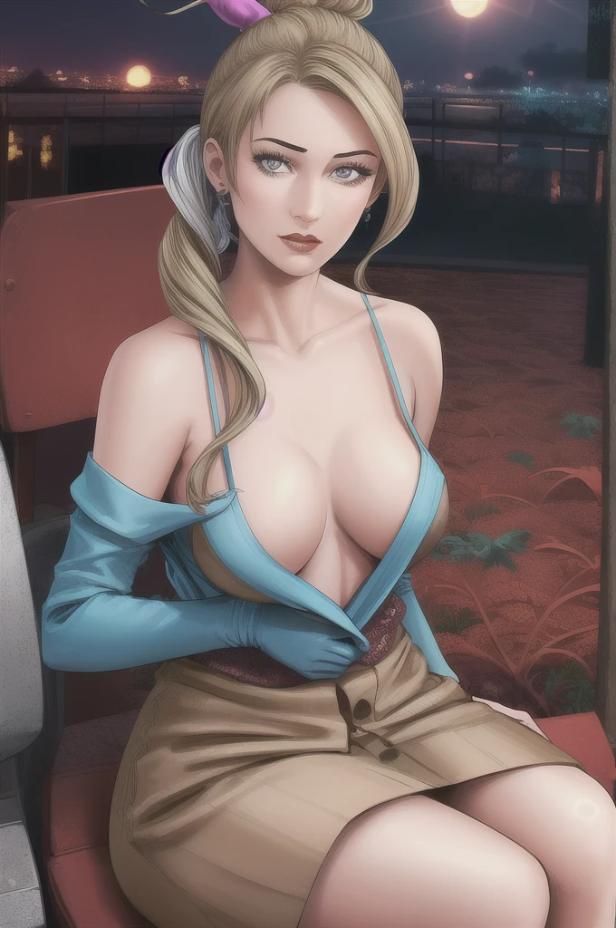 Harley quinn,1girl,nude breasts, tits out of dress,solo,cleavage,long hair,perfect hands,(highres, high quality:1.3),intricate details,cinematic lighting,sharp focus,depth of field,sitting on bench,park,evening,sunset,sky,very long hair,makeup,eyelashes,detailed eyes,perfect face,business suit,formal,skirt suit,jacket suit,miniskirt,large breasts,(areola slip:1.2),(nipple slip:0.7),