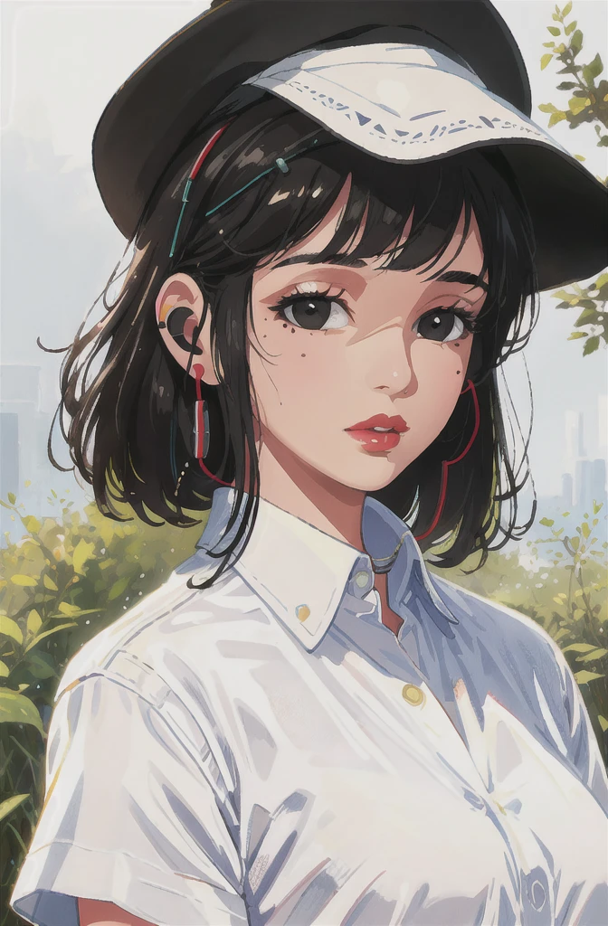 1girl, solo, hat, short hair, mole, black hair, lips, realistic, shirt, upper body, bangs, looking at viewer, earphones, black eyes