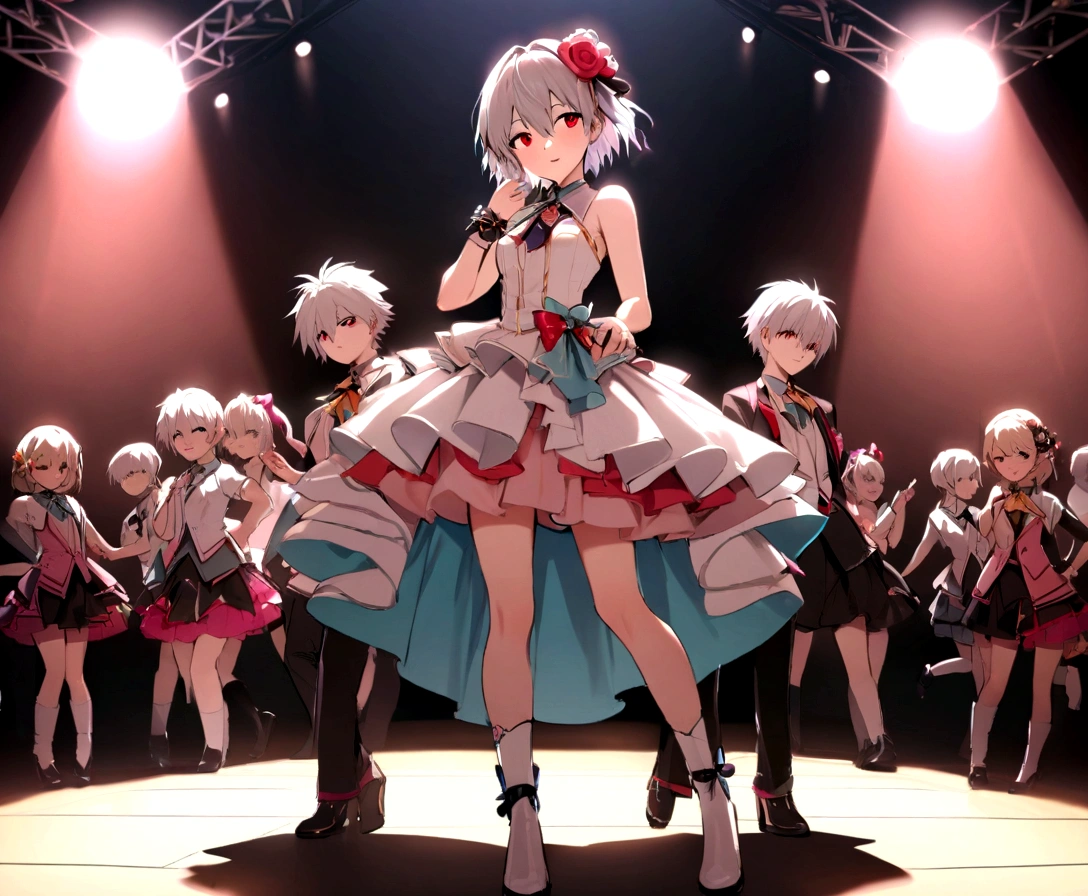 masterpiece, best quality, evangelion kaworu nagisa, kaworu nagisa, red eyes, seductive, hot, cute, cheerful face, cute poses, (idol, on stage, spotlight, cute clothes, hair accessories, alot of accessories), center of attention, audience