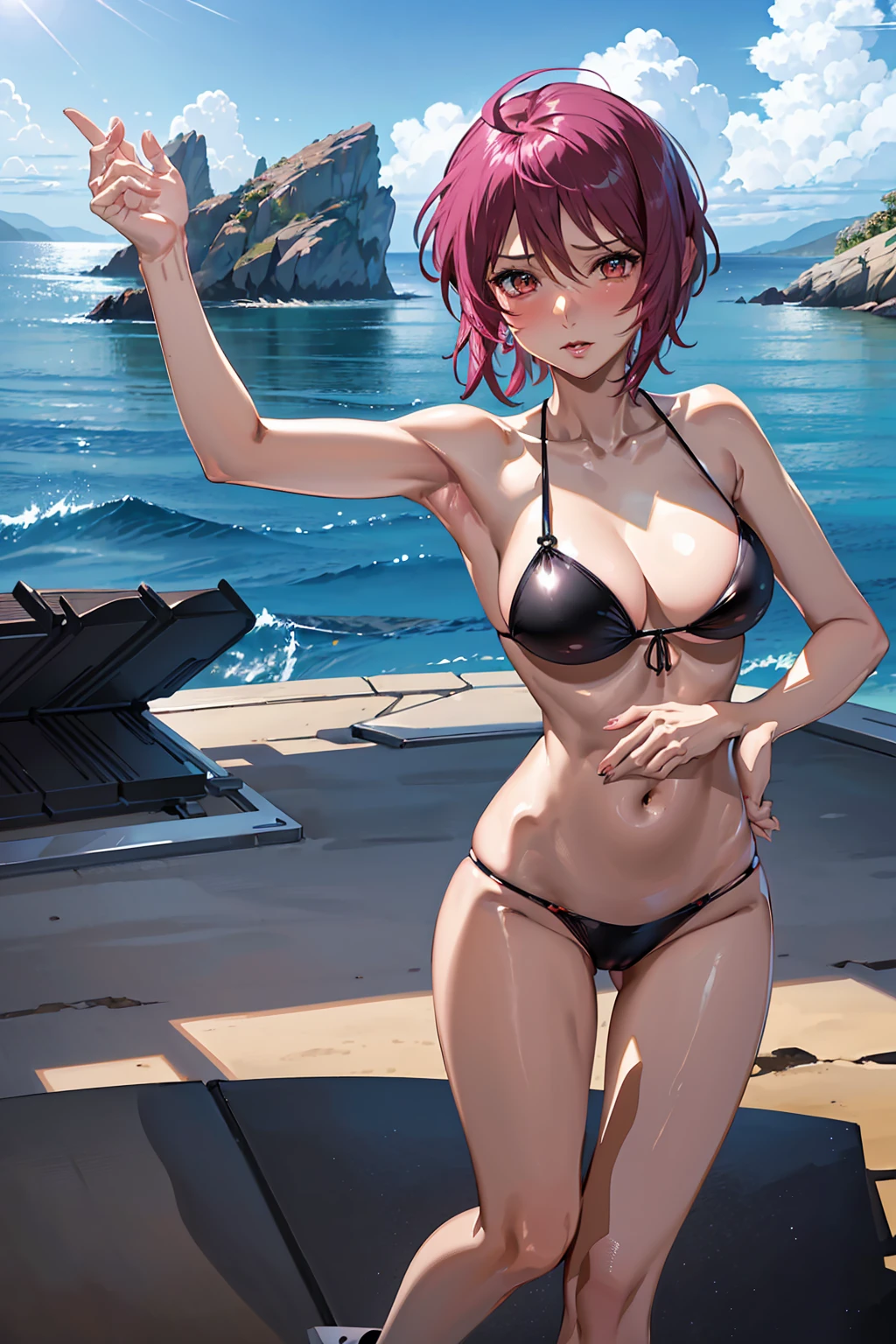 NSFW　(Highest quality:1.5, High resolution, uhd, 4K, Detailed lighting, Shaders)　(Lunamaria Hawke) 独奏 , short hair, Ahoge Pink hair　　((Black Bikini))++　Beautiful beach　Highly detailed face, Perfect lighting, Highly detailed CG,Cowboy Shot Blush　Seductive pose　sit　M-shaped legs