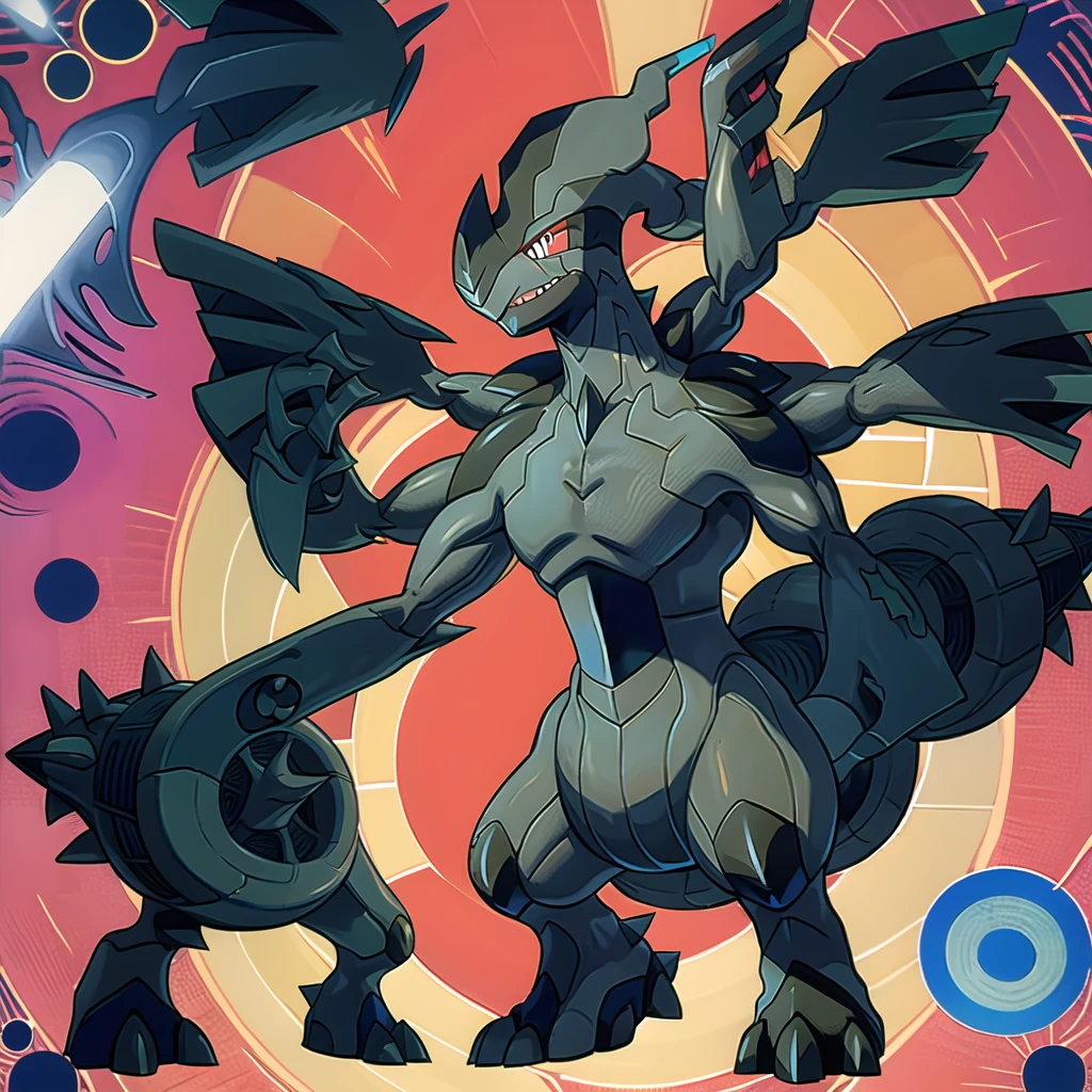 zekrom, solo, closed mouth, smile, red background, full body, standing, outstretched arms