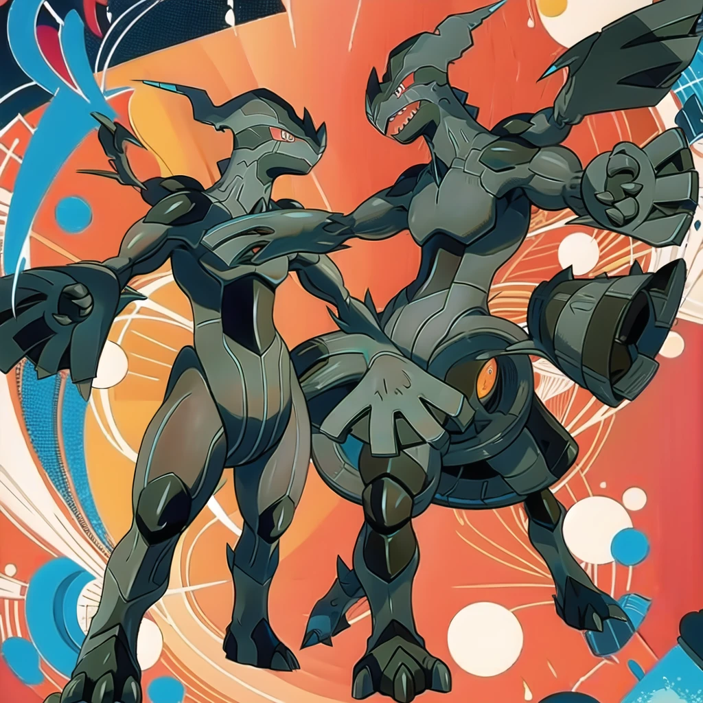 zekrom, solo, closed mouth, smile, red background, full body, standing, outstretched arms