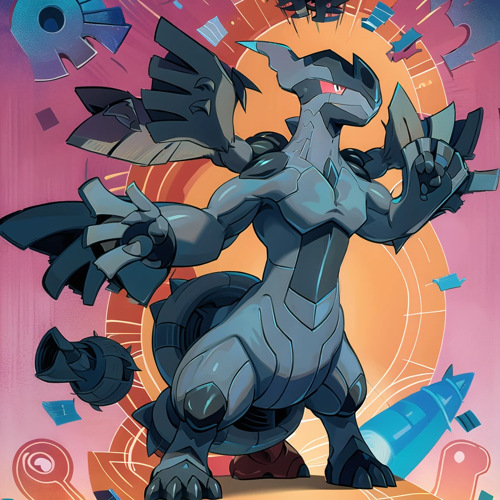 zekrom, solo, closed mouth, smile, red background, full body, standing, outstretched arms