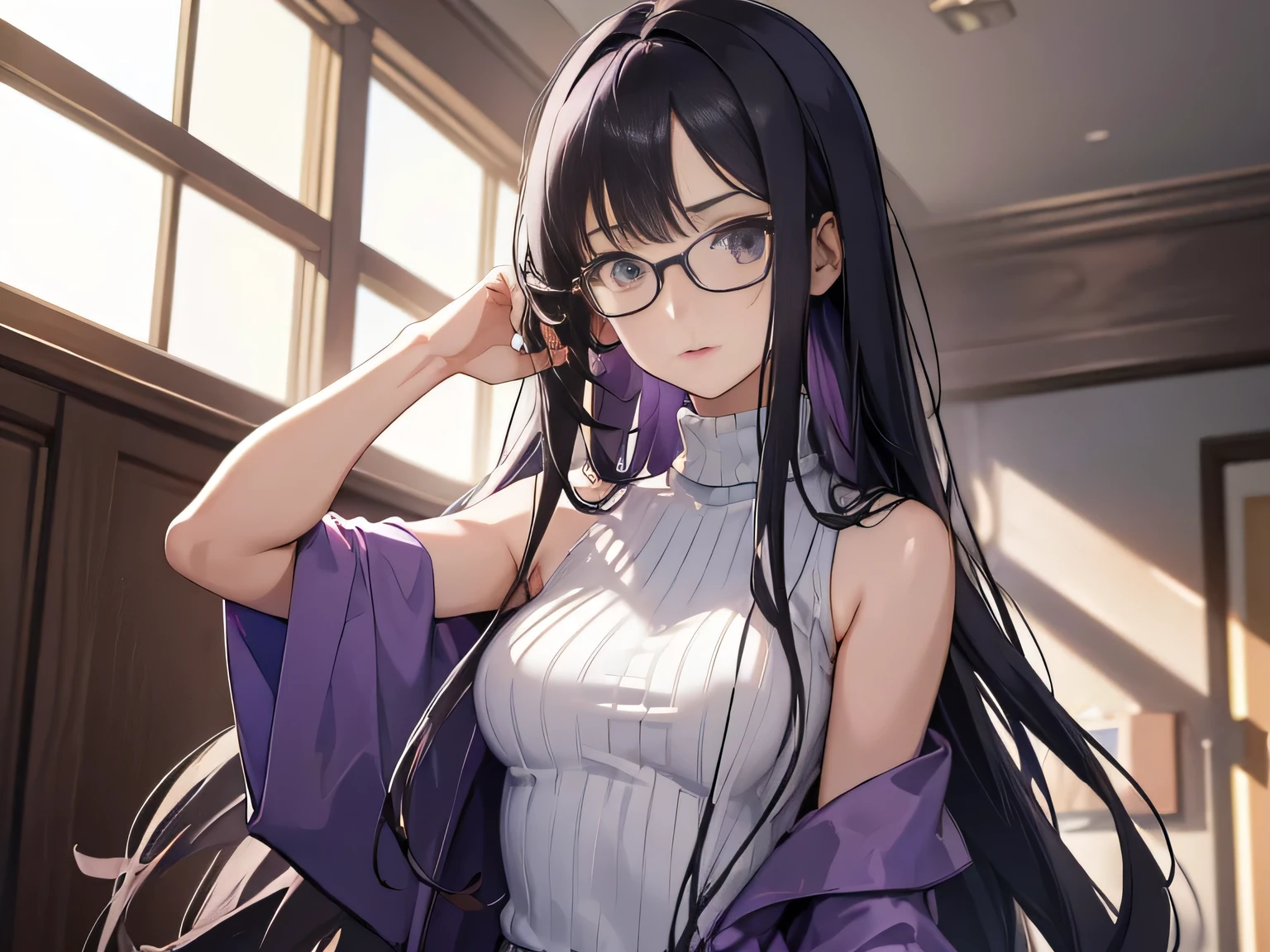 ((masterpiece)), accurate, high details, (detailed eyes), best quality, highres, super detail, Turtleneck sweater, sleeveless, flare skirt, lavender colored clothing, black hair, long hair, straight hair, mole under eye, rimless eyewear, Inside the room, afternoon sun, Put her hands behind her back, from below