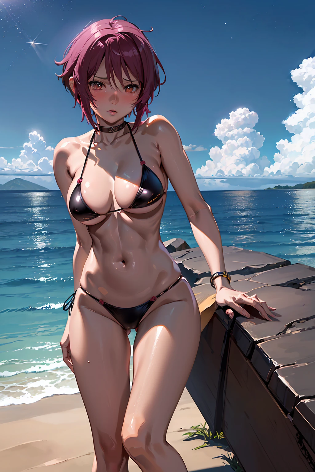 NSFW　(Highest quality:1.5, High resolution, uhd, 4K, Detailed lighting, Shaders)　(Lunamaria Hawke) 独奏 , short hair, Ahoge Pink hair　　((Black Bikini))++　Beautiful beach　Highly detailed face, Perfect lighting, Highly detailed CG,Cowboy Shot Blush　Seductive pose　sit　M-shaped legs