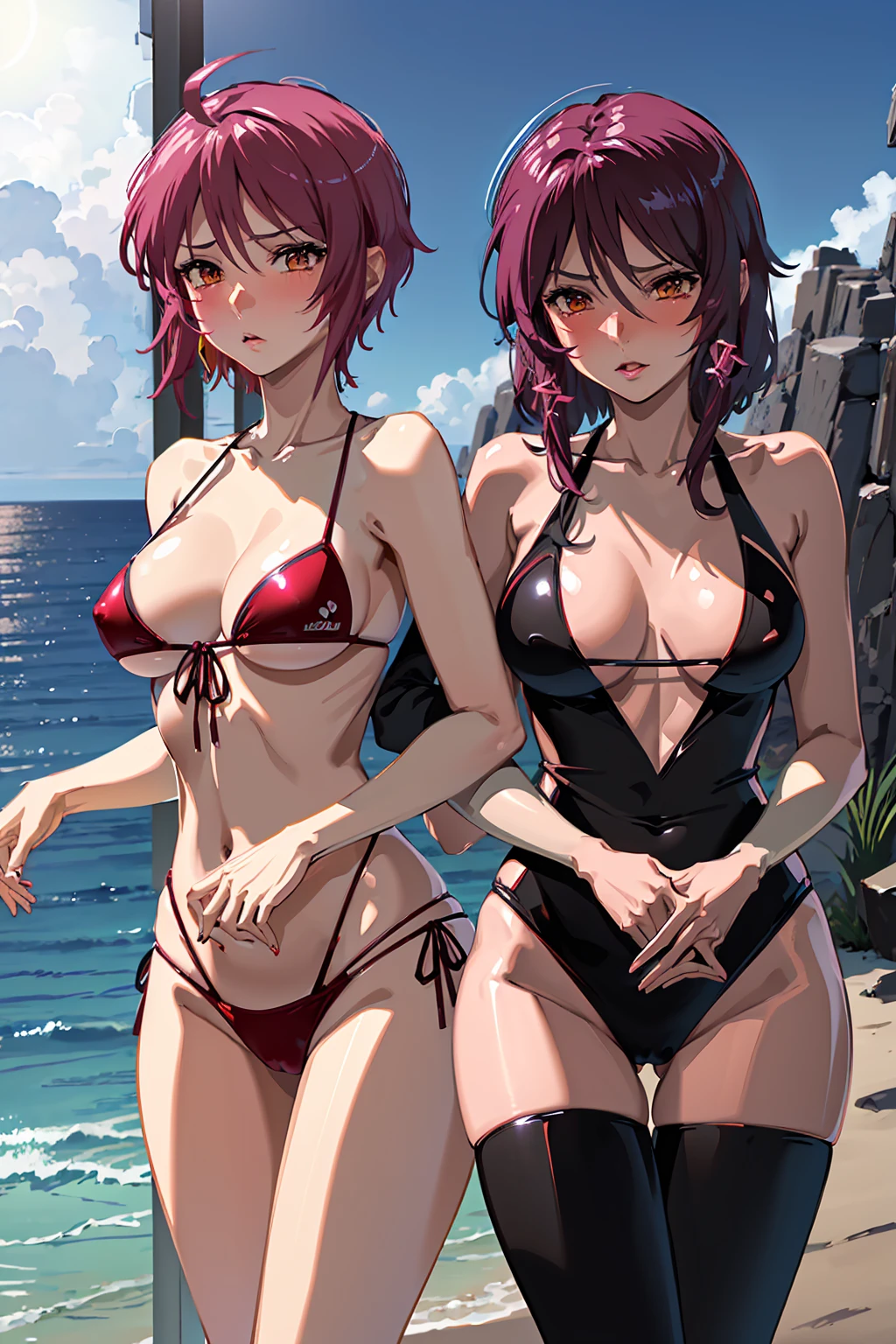 NSFW (Highest quality:1.5, High resolution, uhd, 4K, Detailed lighting, Shaders) (Lunamaria Hawke) 独奏 , short hair, Ahoge Pink hair ((Black Bikini))++ Beautiful beach Highly detailed face, Perfect lighting, Highly detailed CG,Cowboy Shot Blush Seductive pose sit M-shaped legs
