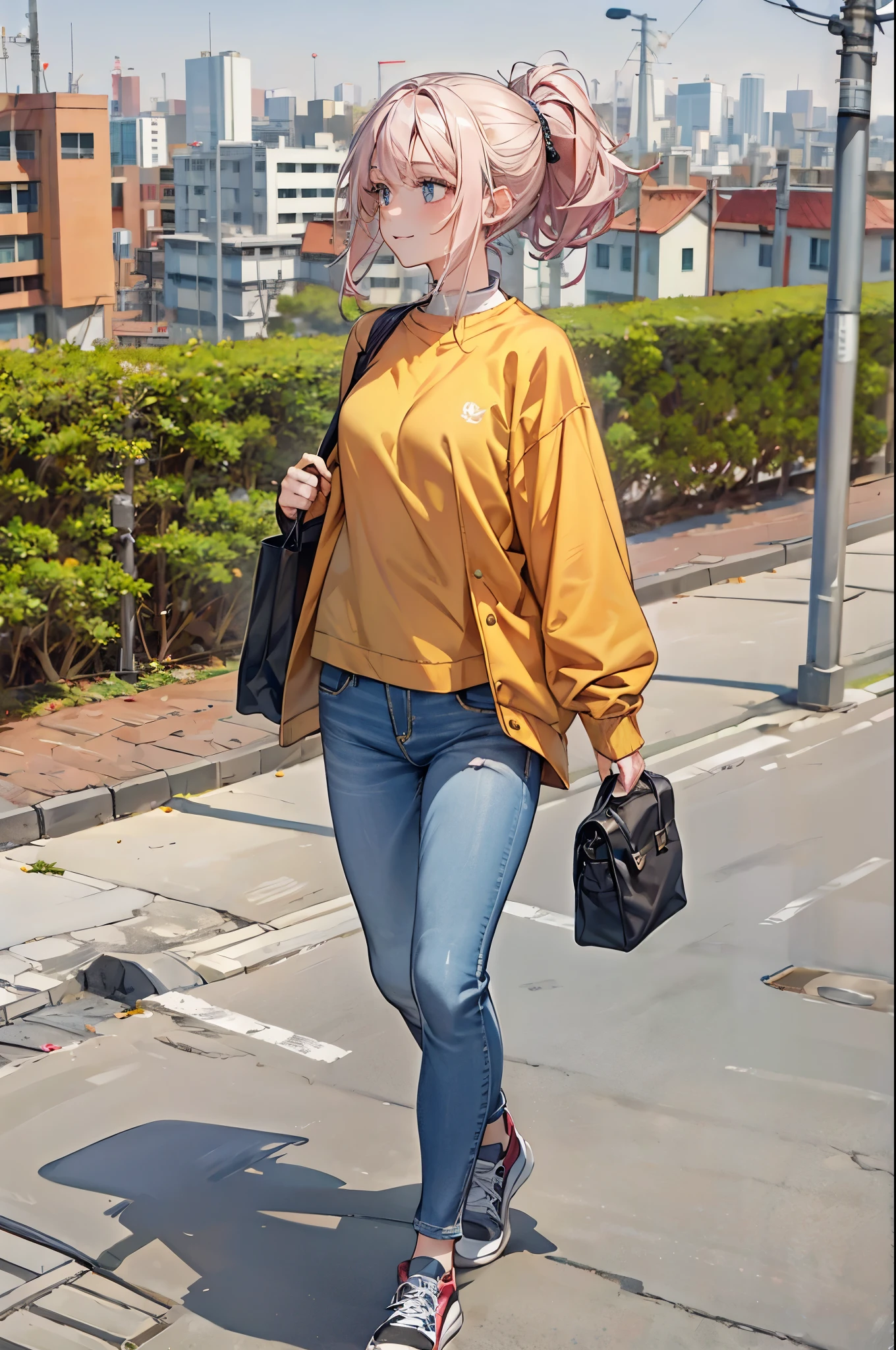 (masterpiece), (high resolution 8K), professional illustration, 1 girl, late teenage, walking, full body, bird's eye view, sweatshirt, jeans, , ponytail, smile, looking away, cityscape in Tokyo, morning, in summer, natural lighting, stunning face, detailed eyes and face,carry a bag