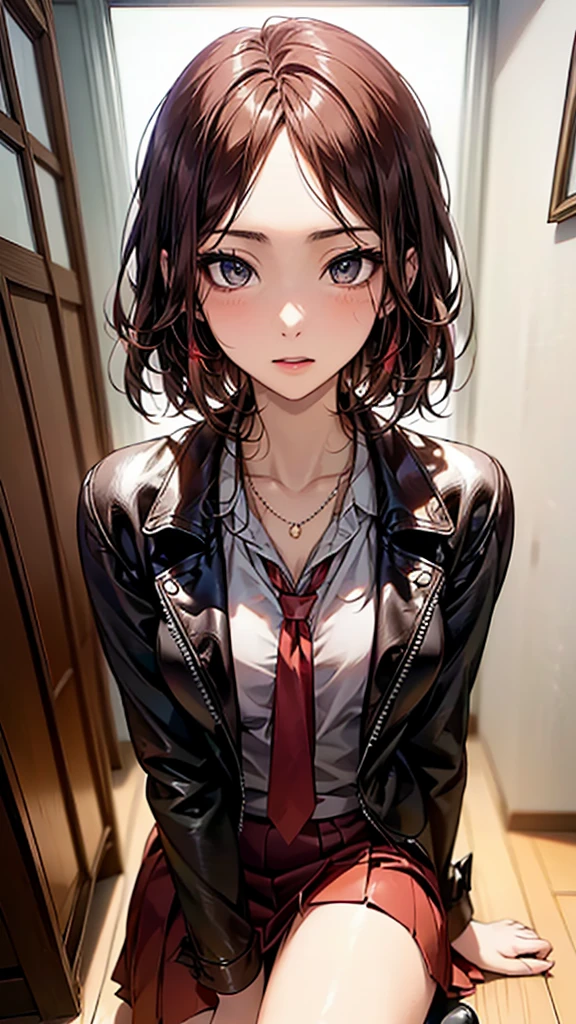 ((Biologically correct limb count))、(( A photo of your upper body, including your face))、4K、((Standing position))、masterpiece、((Focus on the face))、((Symmetrical facial features))、Eyes with detailed description、Beautiful woman、Excellent style、Beautiful clavicle、Beautiful feet、Beautiful Hands、Slender body、(stockings、High heels)、Facial detailing、Small earrings、necklace、(Red Leather Jacket、Red Skirt)、Face close-up、Lighting the face、tie、sunny、(((White framed photo)))、Fascinating、Close-up photo of the whole body