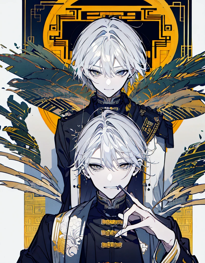 High resolution male Character portrait whole body White background Close ~ eyes Suspicious Laughter Lift the corners of your mouth tall Silver Hair Yellow Eyes Chinese style black clothes sunglasses smile Putting a cigarette in your mouth Double teeth Grinning face