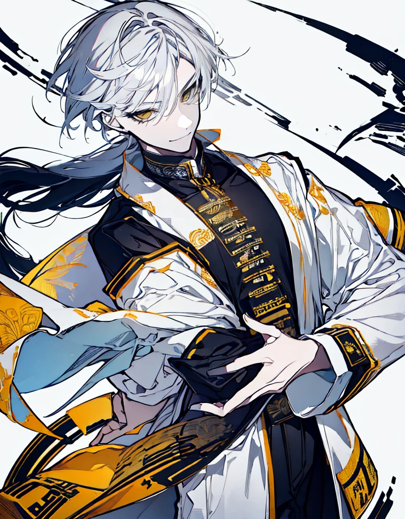 High resolution　male　Character portrait　whole body　White background　Close ~ eyes　Suspicious Laughter　Lift the corners of your mouth　tall　Silver Hair　Yellow Eyes　Chinese style black clothes　sunglasses　smile　Putting a cigarette in your mouth　Double teeth　Grinning face
