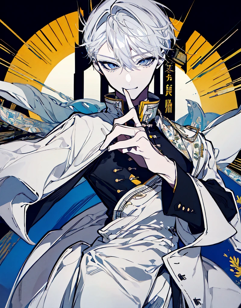 High resolution　male　Character portrait　whole body　White background　Close ~ eyes　Suspicious Laughter　Lift the corners of your mouth　tall　Silver Hair　Yellow Eyes　Chinese style black clothes　sunglasses　smile　Putting a cigarette in your mouth　Double teeth　Grinning face
