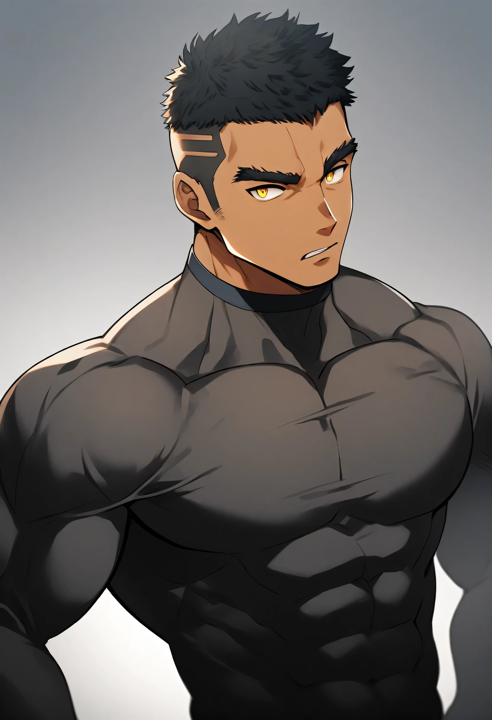 anime characters：Tights superhero, Muscle superhero, negro black skin, 1 dark skin muscular tough guy, Manliness, male focus, Yellow and black striped high collar long sleeve tight T-shirt, Slightly transparent material, Very tight, Round, full and perky chest muscles, Slightly transparent, muscular male, muscular, only, Upper body, alone, Black short hair, Thick eyebrows, stubble, Yellow eyes, Grey background, simple background, amazing quality, best aesthetics, Ridiculous, bright pupils, crew cut, parted lips, seductive smile, torogao, naughty face, drop shadow, best quality