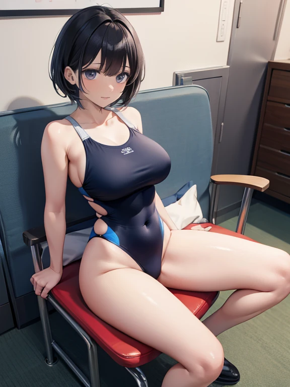 Looking into the camera,28 years old,physical education teacher、1 female,Black hair pixie cut、(she is wearing a navy blue swimsuit.)(Sit backwards in a chair)(Please spread your legs wide)(Very large breasts)(Turn your butt towards the viewer),(I&#39;When I sweat, Clothes are see-through)(Her breasts are exposed through her shirt)(female teacher)(Obscene pose)(Big Breasts)(Accentuate your cleavage)(Toned body)(Short black pixie hair),(Best image quality, (8K), Ultra-realistic, 最high quality, high quality, High resolution, high qualityの質感, Attention to detail, Beautiful details, Fine details, Extremely detailed CG, Detailed Texture, Realistic facial expressions, masterpiece, in front),(((Strictly adhere to the configuration on the back)))　(((Photograph the whole body)))(((Back view of a person sitting upside down on a chair)))(((Accentuate your butt)))