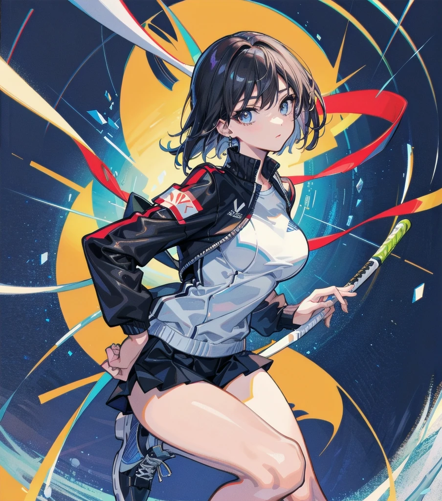 absurdres, RAW photo, extremely delicate and beautiful, masterpiece, Best Quality, ultra high resolution, 32k, hyperrealistic, ultra-detailed, perfect anatomy, super Detailed skin, perfect figure, Japanese woman, late 20s, very Slim body, narrow waist, very small head, handsome detailed woman, very detailed eyes and face, realistic face proportions, Stunning detailed eyes, Realistic beautiful face, very small face, Realistic small beautiful eyes, tearful mole, earring, beautiful and very thin legs, beautiful and very thin thighs, (very huge round breasts), medium hair, black hair, whole body shot, ((Tennis Uniform)), shorts,