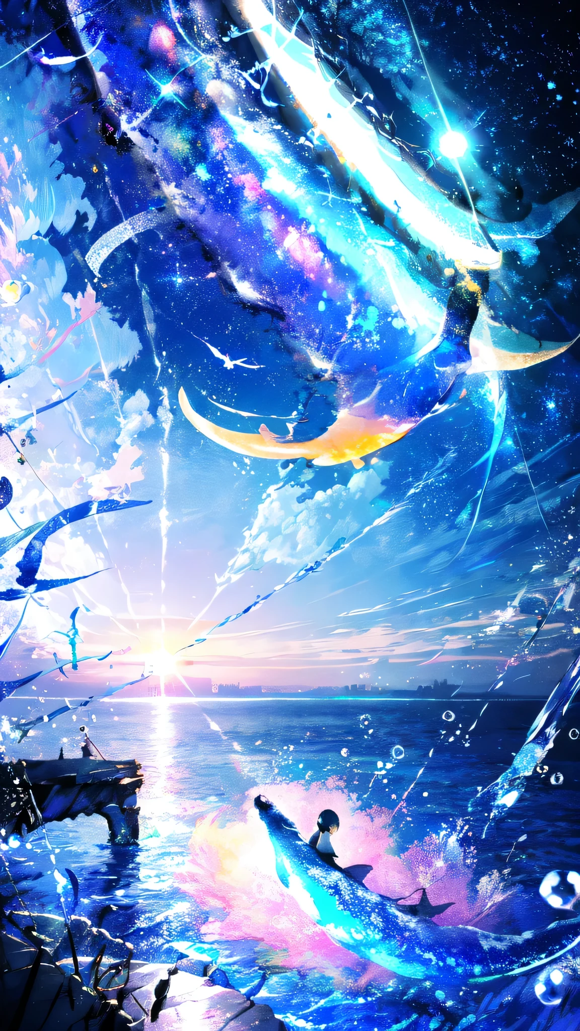 -scenery, 1girl, sky, Star (sky), Highest Resolution、whale, night, solo, city lights, Starry sky, Fine bubbles、night sky, bubble, moon, watercraft, outdoors, short hair, ocean, cloud,coloured glaze,