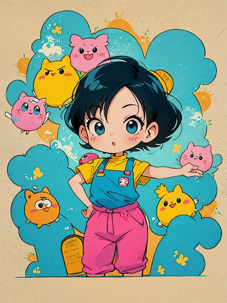 akira toriyama style, Kawaii Design, most beautiful girl ever、Chibi, birdie、wall graffiti、The background is a colorful wall