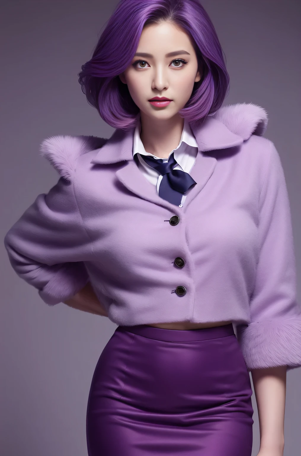 Reality, high resolution, 1 female, Hips up, beautiful eyes, purple gradient hair, Dark circles under eyes, Collared shirt,tie,Purple skirt, Pencil Skirt, Fur coat