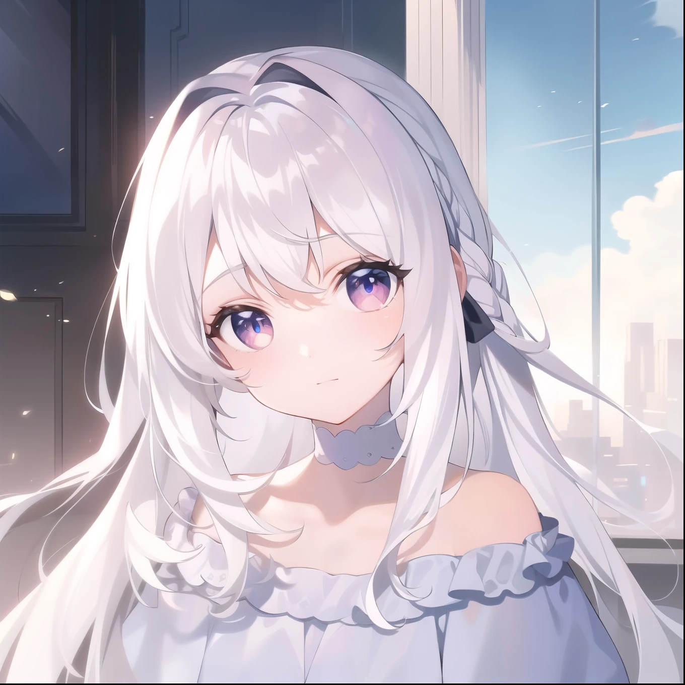 ((masterpiece, best quality))++, Detailed lighting+, Detailed hair+, Detail hand+ ,1 girl, Miss, Long hair, Crimson eyes, beautiful eyes, young white hair,,(Beautiful white hair:1.5),(Beautiful and delicate eyes), high resolution+,glass tint, Reflective eyes, {{angle}} , Very detailed wallpaper, The original, ,Sea of Flowers,Air bangs,city road,Double ponytails,Extremely beautiful CG,Girls shopping,Headband,Gray eyelashes,