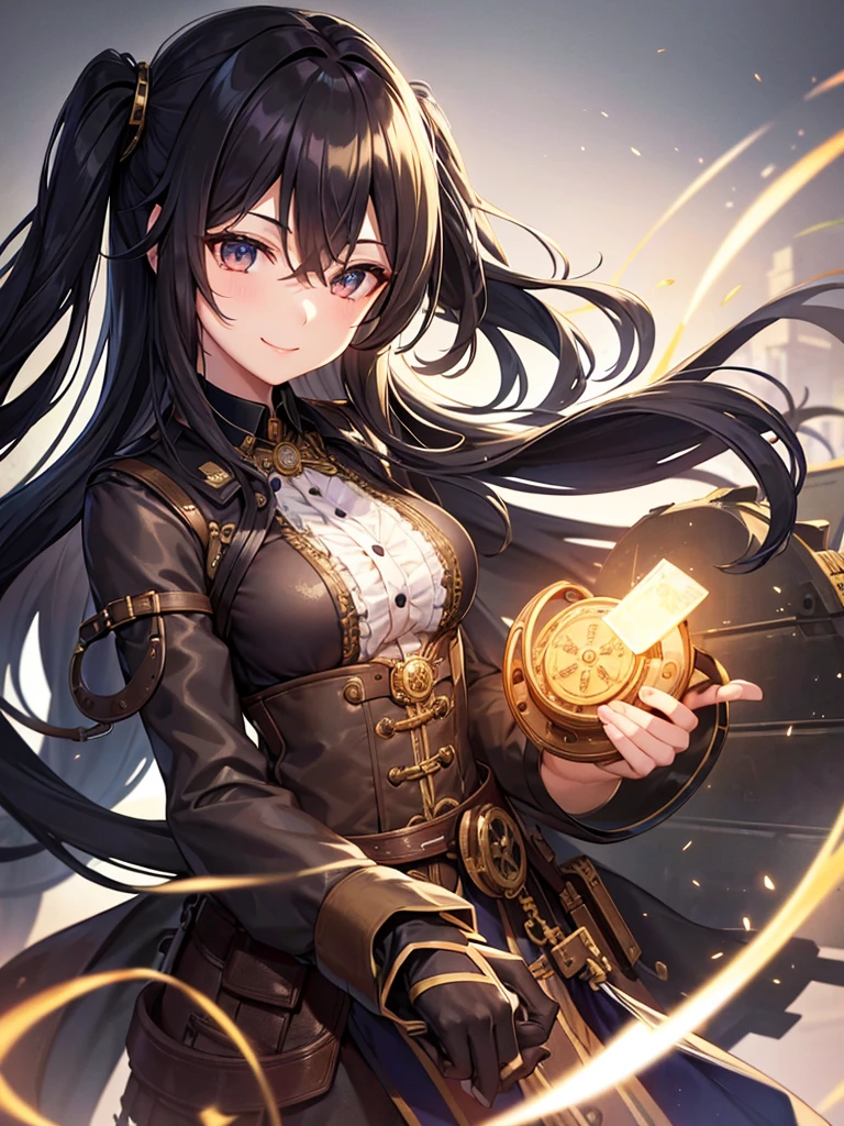Machine City、steampunk、Long black hair、black eye、Woman in her early 20s、Face close-up、smile