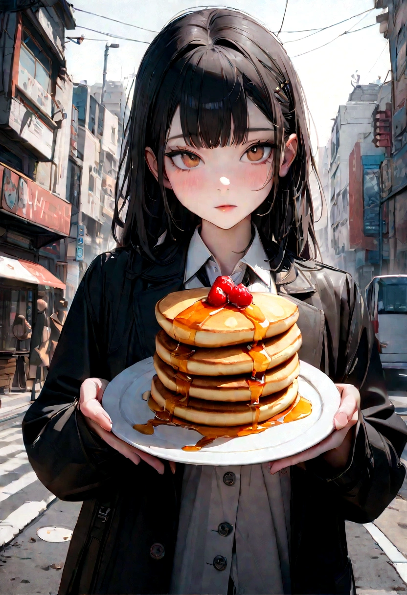 Pancakes with fruit,syrup, masterpiece,Highest quality,Professional photography,Detailing,8K,The background is white