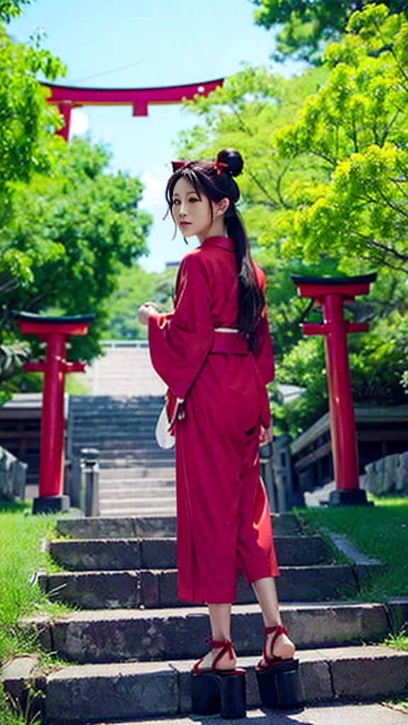 ((masterpiece,best quality)),outdoor, Red Torii, Tree,  stairs,, 2 girls, Shrine maiden,Shrine maiden, Looking at the audience, look back,, Red Legwear, red Ribbon, Black Hair,樱flower, sky, flower, Hair Bun, hair Ribbon, Japanese clothes, kimono, Long hair, Cat ears, small flowers，, Multiple girls,  Red Eyes, Red hair, Ribbon, sandals, single Hair Bun, permanent,clog sandals,white kimono, Yellow eyes,火flower,High Leg Raise,